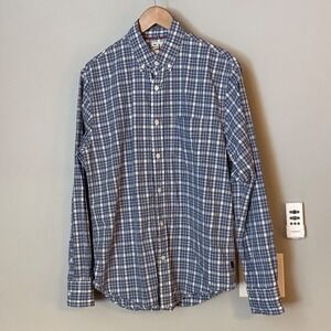Relwen Mens Plaid‎ Button Down Shirt Long Sleeve Blue White Size Medium Cotton